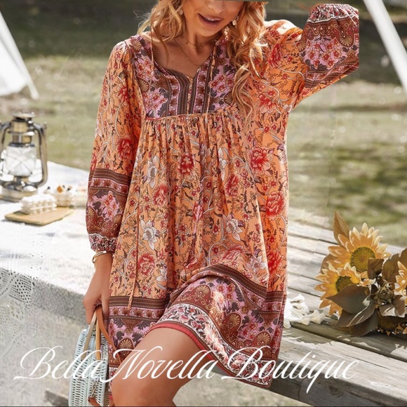 Boho Orange & Pink Floral V-Neck Peasant Dress - Picture 3 of 6